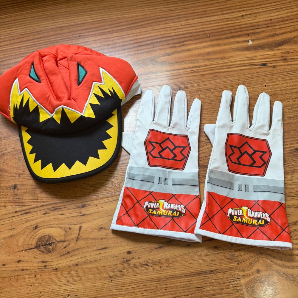 Power Rangers Dino Charge Hat and Samurai Costume Gloves Set Red White Kids